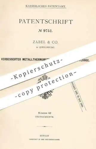 original Patent - Zabel & Co. , Quedlinburg , 1878 , Metallthermometer mit kurzer Schaftlänge | Thermometer | Pyrometer