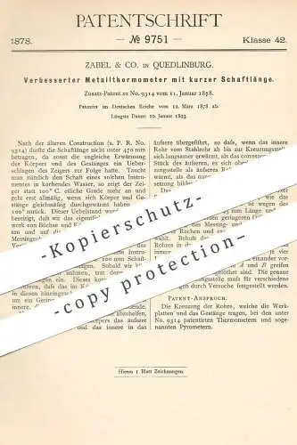 original Patent - Zabel & Co. , Quedlinburg , 1878 , Metallthermometer mit kurzer Schaftlänge | Thermometer | Pyrometer