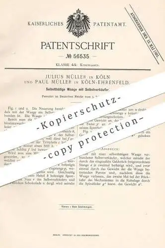 original Patent - Julius Müller | Paul Müller , Köln / Ehrenfeld , 1890 , Waage mit Selbstverkäufer | Waagen , Automat !