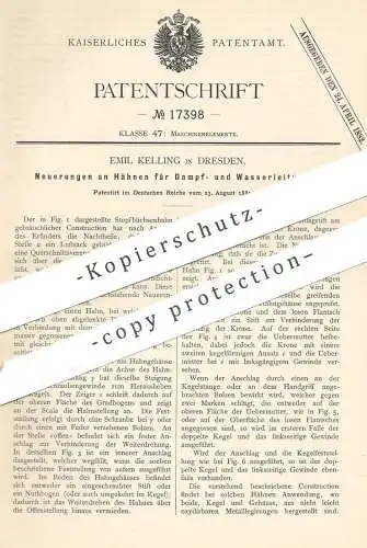 original Patent - Emil Kelling , Dresden 1881 , Hahn für Dampf- u. Wasserleitung | Wasserhahn , Klempner , Wasserleitung