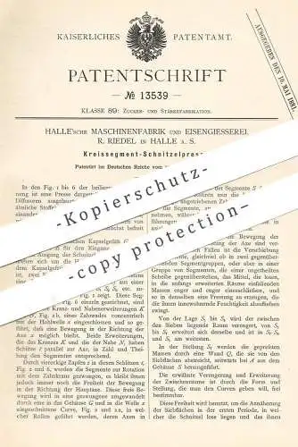 original Patent - Halle'sche Maschinenfabrik & Eisengießerei R. Riedel , Halle / Saale , Kreissegment - Schnitzelpresse