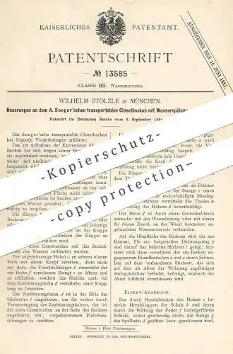 original Patent - Wilhelm Stölzle , München , 1880 , Klosetbecken mit Wasserspülung | Toilette , Kloset , WC | A. Seeger