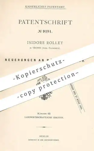 original Patent - Isidore Rollet , Troyes , Aube , Frankreich , 1879 , Mähmaschine | Mähmaschinen | Mähen , Mähdrescher