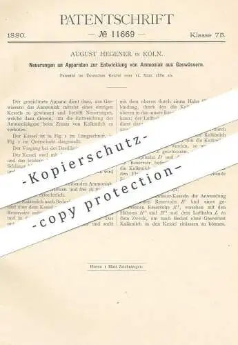 original Patent - August Hegener , Köln / Rhein , 1880 , Entwicklung von Ammoniak aus Gaswasser | Chemie , Gas !!!