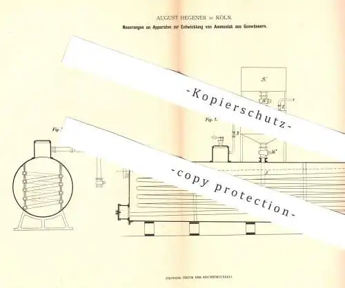 original Patent - August Hegener , Köln / Rhein , 1880 , Entwicklung von Ammoniak aus Gaswasser | Chemie , Gas !!!