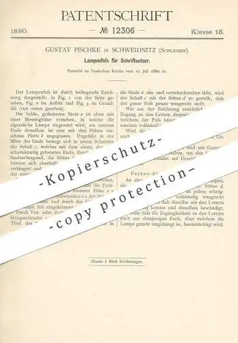 original Patent - Gustav Pischke , Schweidnitz , Schlesien , 1880 , Lampenfuß für Schriftsetzer | Lampe , Druckerei !!