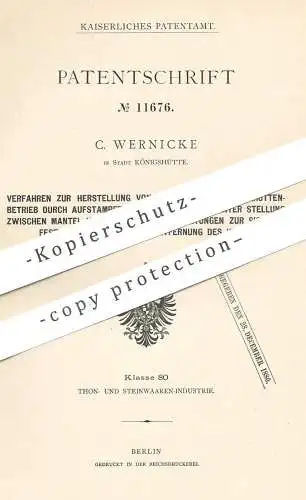 original Patent - C. Wernicke , Stadt Königshütte , 1880 , Muffeln für den Zinkhüttenbetrieb | Ton , Zink , Gestein !!!