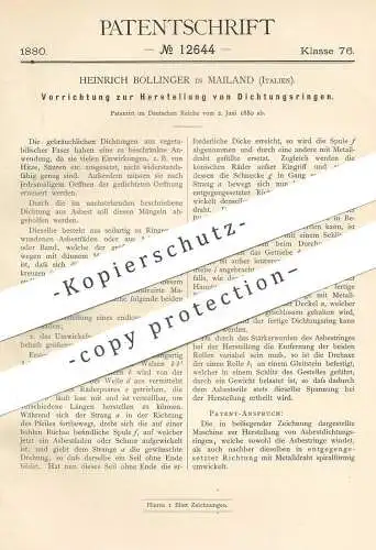 original Patent - Heinrich Bollinger , Mailand , Italien , 1880 , Herst. von Asbest - Dichtungsring | Dichtung !!