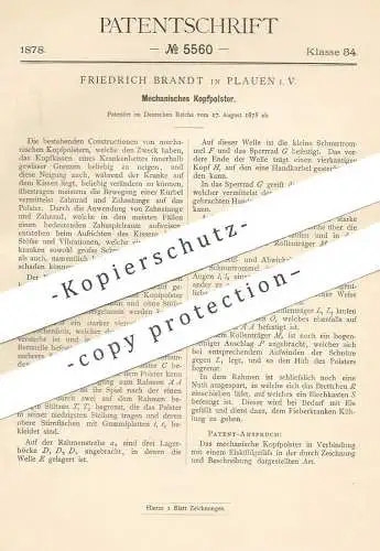 original Patent - Friedrich Brandt , Plauen i. V. , 1878 , Mechanisches Kopfpolster | Bett , Krankenbett , Kopfkissen !