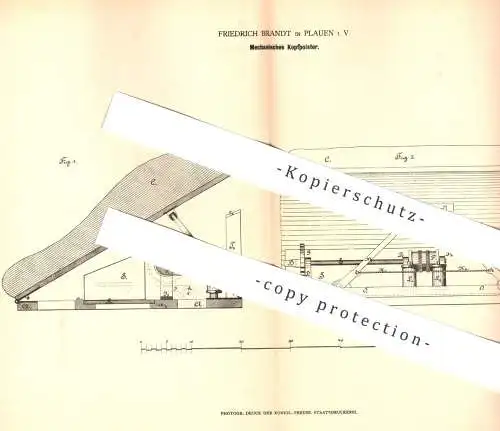 original Patent - Friedrich Brandt , Plauen i. V. , 1878 , Mechanisches Kopfpolster | Bett , Krankenbett , Kopfkissen !