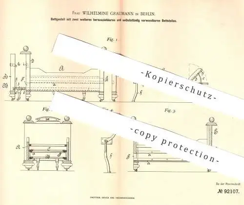 original Patent - Wilhelmine Graumann , Berlin , 1896 , Bettgestell | Bett , Betten , Doppelbett , Chaiselongue