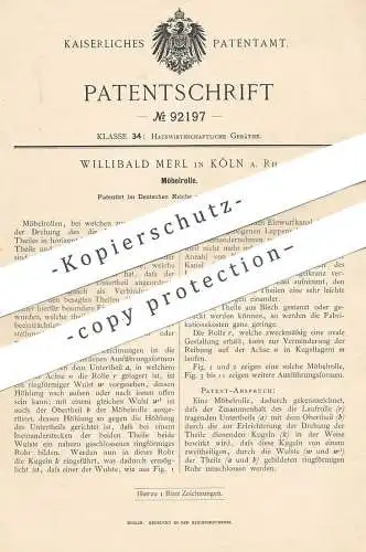 original Patent - Willibald Merl , Köln / Rhein , 1896 , Möbelrolle | Möbel - Rolle | Laufrolle | Möbelbauer , Tischler