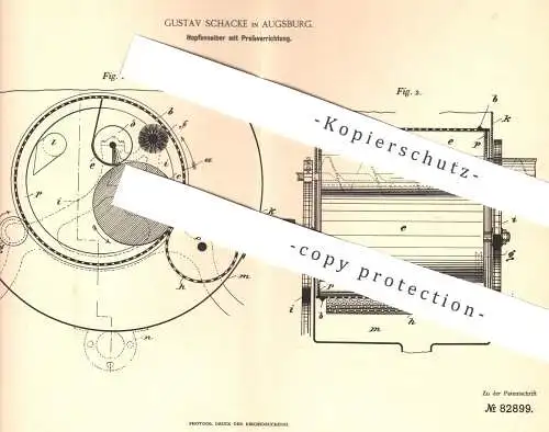 original Patent - Gustav Schacke , Augsburg 1894 , Hopfenseiher mit Pressvorrichtung | Hopfen , Bier , Presse , Brauerei