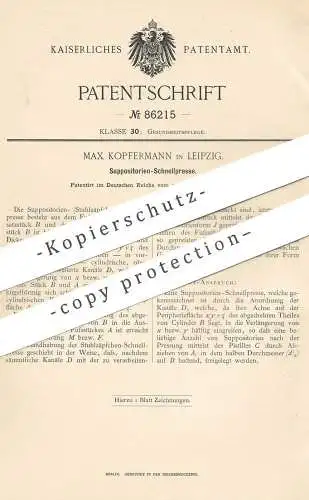 original Patent - Max Kopfermann , Leipzig , 1895 , Suppositorien - Schnellpresse | Presse , Gesundheit , Medizin , Arzt