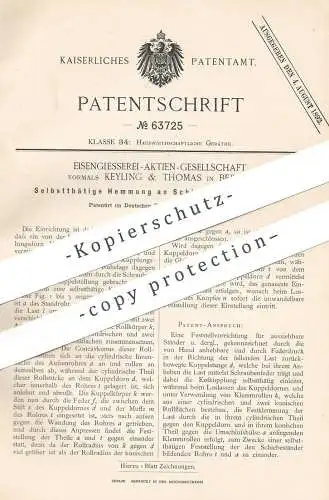 original Patent - Eisengießerei AG | Keyling & Thomas , Berlin , 1891 , Hemmung an Schiebevorrichtung | Feder !!