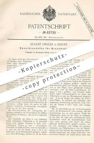 original Patent - August Oehler , Erfurt , 1891 , Dauerbrandofen für Braunkohlengas | Brandofen , Ofen , Öfen , Gas !!