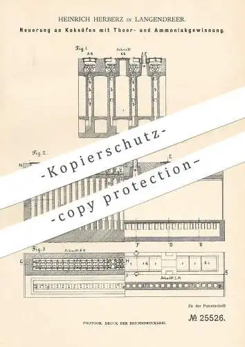 original Patent - Heinrich Herberz , Langendreer , 1883 , Koksofen mit Teer- u. Ammoniakgewinnung | Koks , Ofen , Kohle