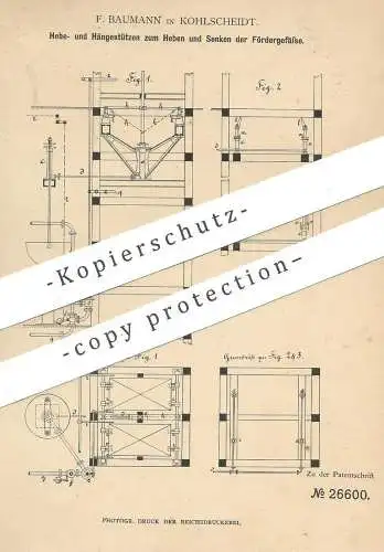 original Patent - F. Baumann , Kohlscheidt , 1883 , Stützen zum Heben u. Senken im Bergbau | Bergwerk , Förderung !!!