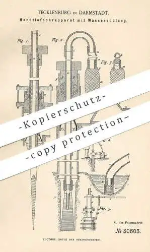 original Patent - Tecklenburg , Darmstadt , 1884 , Handtiefbohrapparat mit Wasserspülung | Bohrer , Bergbau , Bergwerk