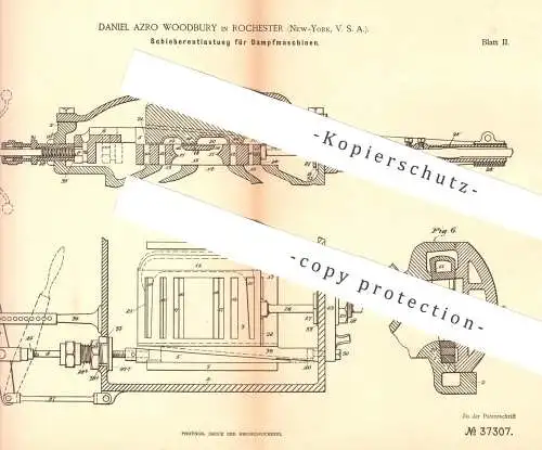 original Patent - Daniel Azro Woodbury , Rochester , New York , USA , 1885 , Schieberentlastung für Dampfmaschine !!!