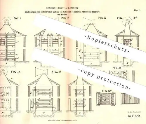 original Patent - George Leach , London , England , 1882 , Ofen zum Trocknen , Kochen , Räuchern von Fisch | Ofenbauer