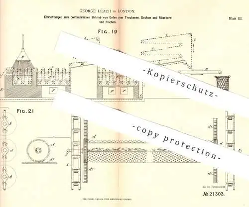 original Patent - George Leach , London , England , 1882 , Ofen zum Trocknen , Kochen , Räuchern von Fisch | Ofenbauer