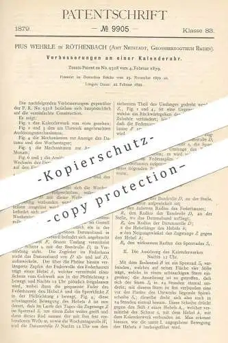 original Patent - Pius Wehrle , Röthenbach , Neustadt, Großherzogtum Baden , Nürnberg 1879 ,  Kalenderuhr , Kalender Uhr