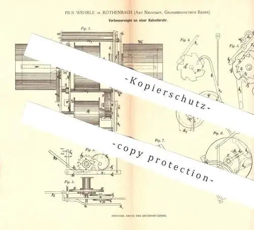 original Patent - Pius Wehrle , Röthenbach , Neustadt, Großherzogtum Baden , Nürnberg 1879 ,  Kalenderuhr , Kalender Uhr