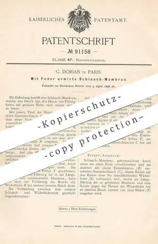 original Patent - G. Dorian , Paris , Frankreich , 1896 , Mit Feder armierte Schlauch - Membran | Gummischlauch | Motor