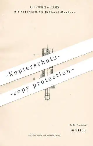 original Patent - G. Dorian , Paris , Frankreich , 1896 , Mit Feder armierte Schlauch - Membran | Gummischlauch | Motor