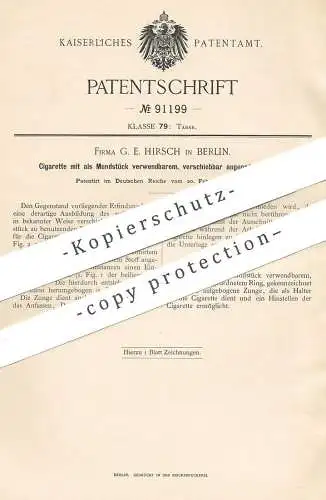 original Patent - G. E. Hirsch , Berlin , 1896 , Zigarette | Zigaretten | Zigarre , Tabak , Rauchen , Pfeife !!!