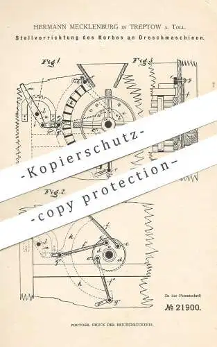 original Patent - Hermann Mecklenburg , Treptow / Altentreptow / Tollense , 1882 , Korb an Dreschmaschine | Dreschen !!!