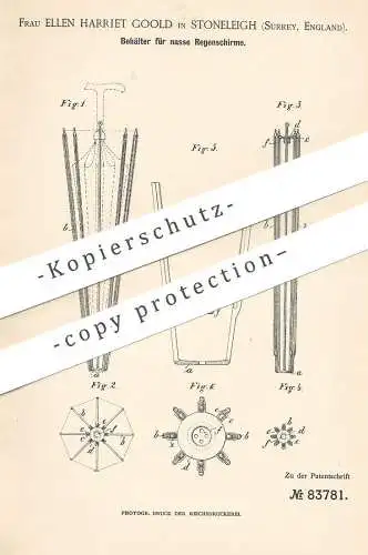 original Patent - Ellen Harriet Goold , Stoneleigh , Surrey , England , 1895 , Behälter für nasse Regenschirme | Schirm