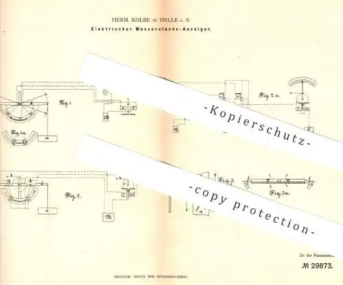 original Patent - Herm. Kolbe , Halle / Saale , 1884 , Elektrischer Wasserstandsanzeiger | Dampfkessel | Kessel !!!