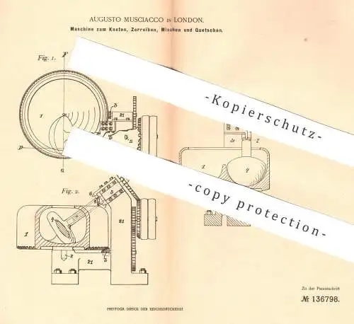 original Patent - Augusto Musciacco , London , England , 1902 , Maschine zum Kneten , Reiben , Mischen , Quetschen !!