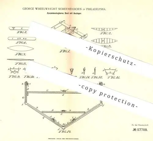 original Patent - George Wheelwright Schermerhorn , Philadelphia , 1890 , Zusammenlegbares Boot mit Ausleger | Boote !!!