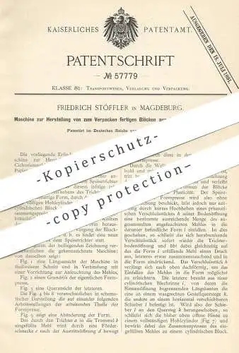 original Patent - Friedrich Stöffler , Magdeburg 1890 , Verpacken fertiger Blöcke aus Cichorien , Kaffee , Mehl | Papier