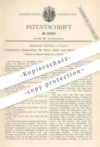 original Patent - Hermann Wickel , Fulda , 1883 , Zimmerofen zum Kochen , Heizen , Ventilation | Ofen , Kochofen , Herd