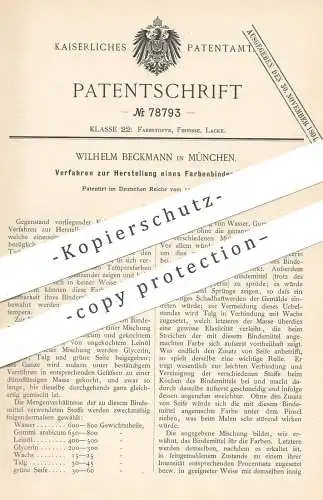 original Patent - Wilhelm Beckmann , München , 1893 , Farbenbindemittel | Bindemittel | Farbe , Farben , Ölfarbe | Maler