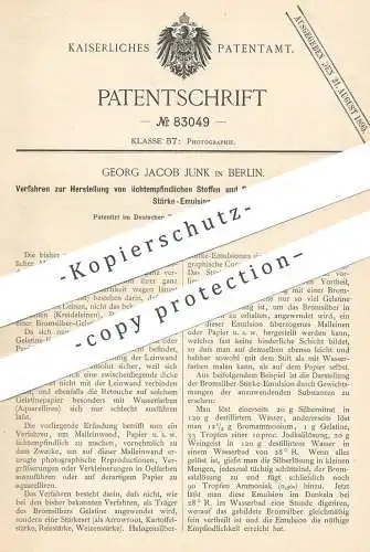 original Patent - Georg Jacob Junk , Berlin , 1893 , lichtempfindliche Stoffe u. Papier per Bromsilber-Stärke | Fotograf