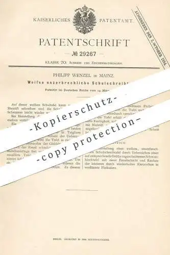 original Patent - Philipp Wenzel , Mainz , 1884 , Weiße unzerbrechliche Schulschreibtafel | Schultafel | Tafel , Schule