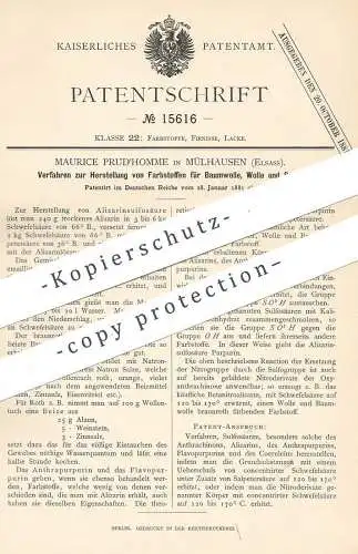 original Patent - Maurice Prud'homme , Mülhausen / Elsass , 1881 , Farbstoff für Baumwolle , Wolle , Seide | Farbe !!!