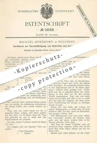 original Patent - Michaël Komáromy , Budapest | Vervielfältigung von Schriften u. Zeichnungen | Kopie , Druck , Papier