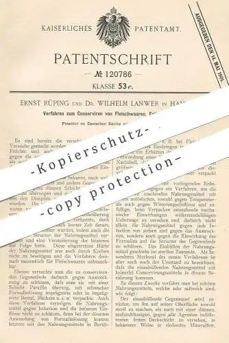 original Patent - Ernst Rüping , Dr. Wilhelm Lanwer , Hamburg , 1899 , Konservieren von Fleisch , Wurst , Früchte !!