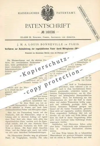 original Patent - J. M. A. Louis Bonneville , Paris Frankreich | Animalisierung der pflanzlichen Faser per Nitroglucose