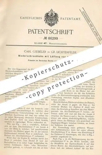 original Patent - Carl Giebeler , Berlin / Gr. Lichterfelde 1895 , Niederschraubhahn mit Lüftung | Wasser , Dampf , Gas