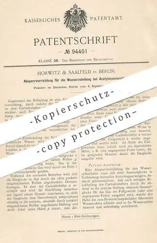 original Patent - Horwitz & Saalfeld , Berlin , 1896 , Speere für die Wasserzuleitung beim Acetylenentwickler | Karbid