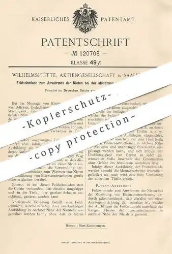 original Patent - Wilhelmshütte AG , Saalfeld / Saale , 1900 , Feldschmiede zum Anwärmen der Nieten für Eisen - Brücken