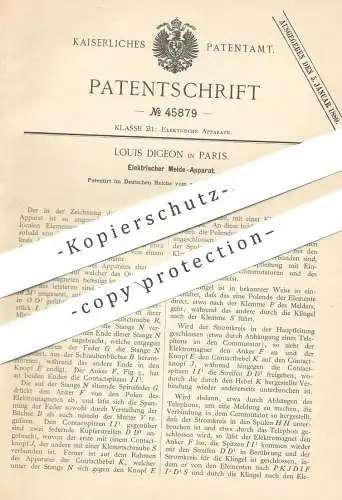 original Patent - Louis Digeon , Paris , Frankreich , 1887 , Elektrischer Melde - Apparat | Telefon , Klingel , Glocke