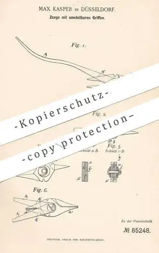 original Patent - Max Kasper , Düsseldorf , 1895 , Zange mit stellbaren Griffen | Zangen , Werkzeug , Rundzange , Draht